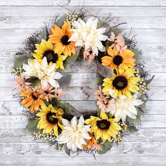Other - NEW Cottage Flower Wreath Sunflowers 22" Fall
